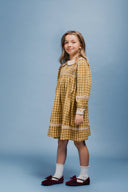 Girl wearing golden green check dress with smocked bodice and embroidered collar, studio portrait on blue background