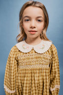 Portrait of girl in golden green check dress with embroidered rose Peter Pan collar, studio background
