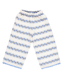 Toddler pants flat lay, wide leg silhouette with scalloped ankle trim, cream with blue floral stripe pattern