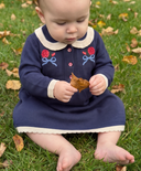 Baby sitting on grass in navy knit dress with cream collar and red rose embroidery, holding an autumn leaf