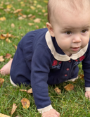 Baby crawling in navy knit dress with cream collar and red rose embroidery, close up on grass