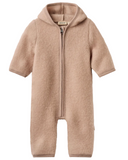 A baby hooded one-piece romper in a soft, textured beige fabric with a front zipper, displayed on a clean white background.