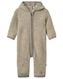A light taupe zip-up hooded romper with long sleeves and leg openings, shown flat against a white background.