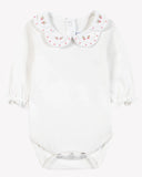 Tartine et Chocolat baby cotton bodysuit, blush, floral embroidery and scalloped collar, front