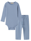 A two-piece baby outfit set in light blue ribbed fabric, featuring a long-sleeve bodysuit and matching pants with an elastic waist and drawstring.