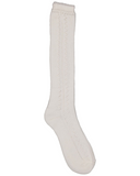 Single gentle white pointelle knit knee sock, flat lay on white background