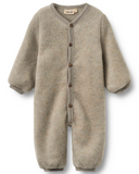 A light taupe knit baby fleece suit with long sleeves and a button-up front, shown flat against a white background.