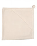 A folded cream-colored cashmere baby blanket with a diagonal stitched detail and a matching pom-pom on the corner, shown against a plain white background.