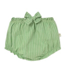 Green and white vertically striped baby bloomers with an elastic waistband and a matching fabric bow on the front, shown against a plain white background.