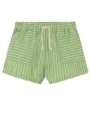 Green and white striped drawstring shorts with side pockets, laid flat on a white background.