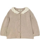 A beige knit cardigan for toddlers, featuring a cream lace Peter Pan collar, button front, and long sleeves, shown flat on a white background.