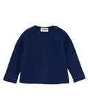 A navy blue long-sleeve knit top for toddlers, shown flat against a plain white background