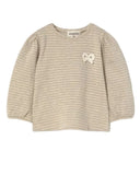 Beige striped long-sleeve shirt with a heart design on a white background