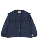 Navy blue jacket with ruffled details on a white background