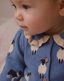 A close-up of a baby wearing a blue knit cardigan with a cream ruffled collar and sheep pattern, looking to the side.