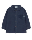 A dark navy blue corduroy button-up shirt jacket with a pointed collar, three-quarter sleeves, and a chest pocket, shown flat on a white background.