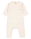 A baby's long-sleeve wrap romper in a very pale pink with a tiny, scattered pastel floral print, shown flat against a white background.
