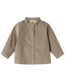 A light brown long-sleeve button-up shirt with a band collar, displayed flat against a solid white background.