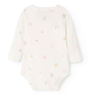 Cream kimono onesie with tiny toy print, back view flat lay