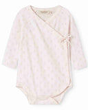 Pale pink long sleeve wrap bodysuit with small floral print, flat lay