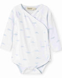 White wrap bodysuit with pale blue cloud print, flat lay