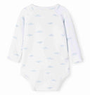 Back of white wrap bodysuit with pale blue cloud print, flat lay