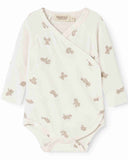 Cream teddy bear print kimono wrap onesie, flat lay