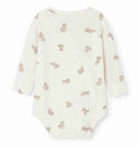 Cream teddy bear print kimono wrap onesie, back view flat lay