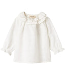 White blouse with ruffled collar on a white background