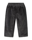 A pair of dark gray corduroy pants with an elastic waistband, shown against a plain white background.