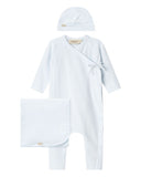 Light blue newborn gift set with kimono style wrap romper, hat, and blanket, flat lay on white background