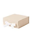 Beige gift box with embossed MarMar logo and white ribbon bow, closed
