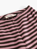 Close up of pink and brown heather striped knit pants waistband with MarMar Copenhagen label