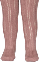 Close up of child's legs wearing dusty mauve pointelle knit tights, back view