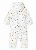 Back of cream hooded jumpsuit with small car print, flat lay