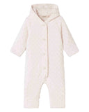 Pale pink quilted hooded baby duvet suit with tiny floral print, button front, flat lay on white background