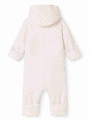 Back view of pale pink quilted hooded duvet suit with folded cuffs, flat lay on white background