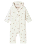 Cream hooded jumpsuit with small tan teddy bear print, dotted texture, flat lay