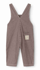 Brown and cream striped overalls, back view flat lay