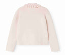 Back flat lay of pale pink ribbed knit cardigan with ruffled collar
