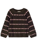 Dark brown knit sweater with pink heart stripe pattern, front, flat lay on white background