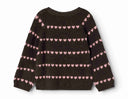 Dark brown knit sweater with pink heart stripe pattern, back, flat lay on white background