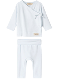 A two-piece baby outfit set in light blue, featuring a long-sleeve wrap-style top with a small bow detail and matching pants, shown on a plain white background.