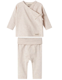 A two-piece baby outfit set in a light oatmeal heather fabric, featuring a long-sleeve wrap top with a side tie and matching elastic-waist pants, shown on a plain white background.