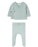 A two-piece baby outfit set featuring a long-sleeve wrap-style top and footed pants in a light sage green and white stripe pattern, displayed on a solid white background.