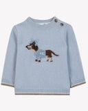 Horizon blue wool pullover with dachshund dog intarsia knit motif and shoulder buttons, flat lay on white background