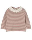 A children's long-sleeve knit top with horizontal dusty pink and cream stripes, featuring a large cream lace Peter Pan collar, shown flat on a white background.